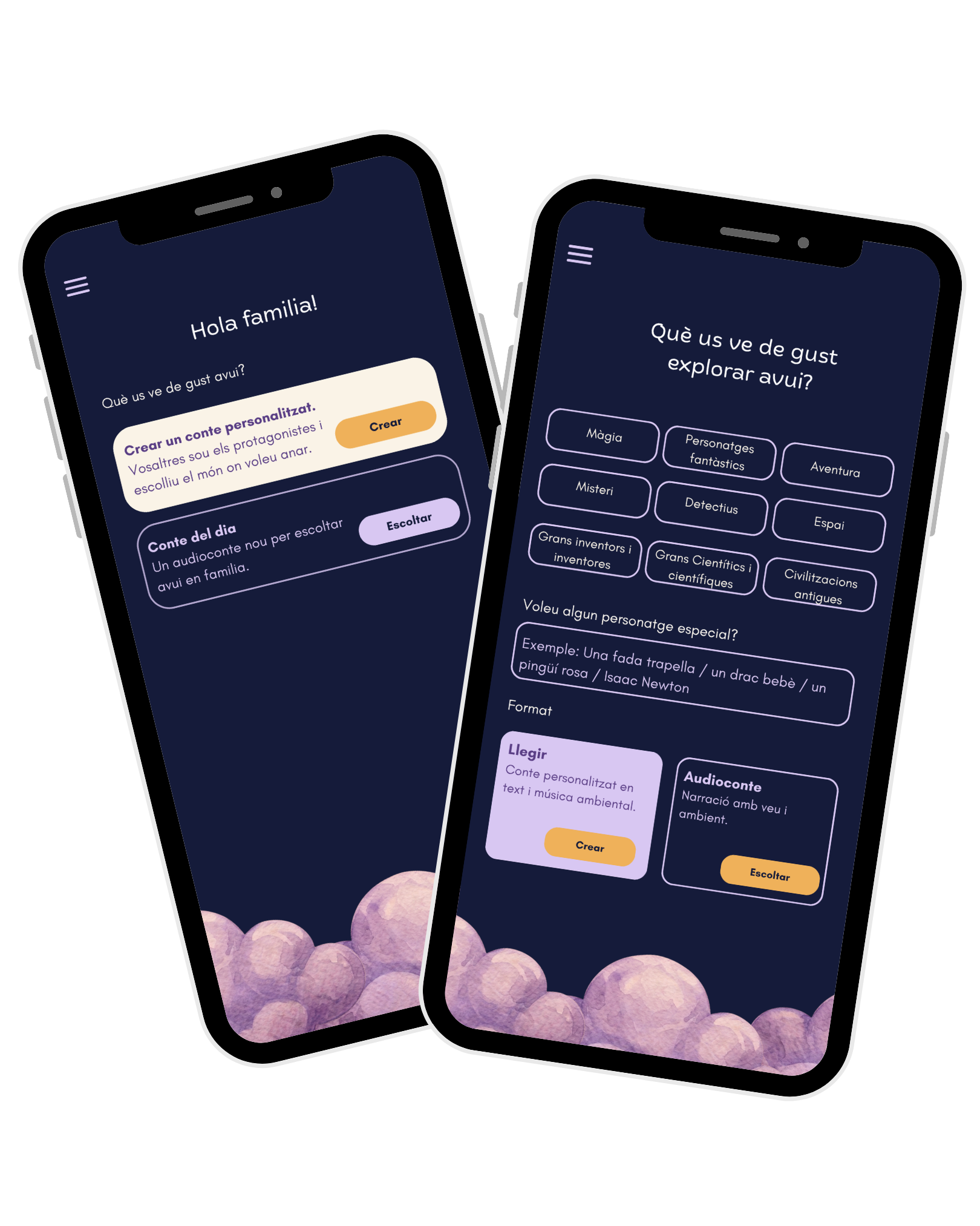 Dues pantalles de l'app WonderShelf: crear un conte i triar temàtica